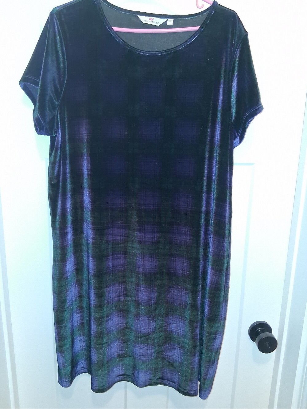 Vineyard Vines Velvet Short-Sleeve Shift Dress - Purple/Black Plaid Size XL